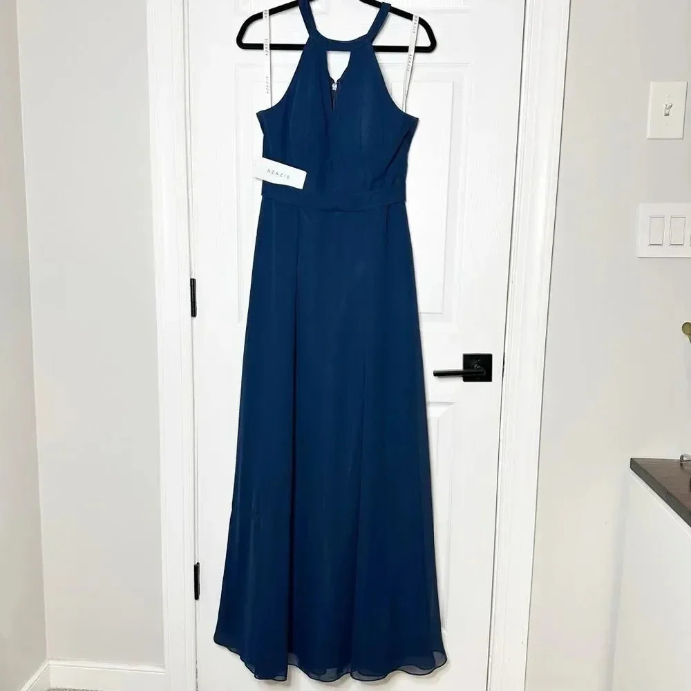 AZAZIE Melody Dark Navy Chiffon High‎ Neck Keyhole Maxi Dress Size A6 Bridesmaid